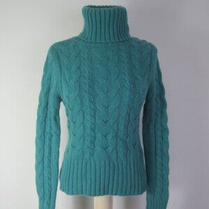 Vtg Banana Republic Women Small Turquoise Blue LS Cable Knit Angora Wool Sweater